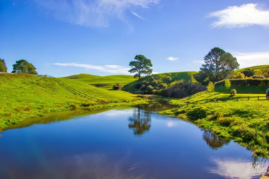 A scene from the Hobbiton movie set tour in Matamata, North Island, one of the top specialty tours in New Zealand.