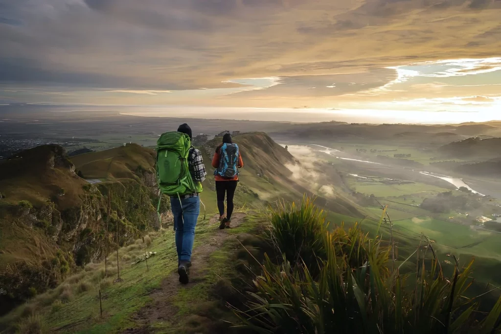 Backpackers walking on a mountain at sunrise in one of the best places to visit in New Zealand.