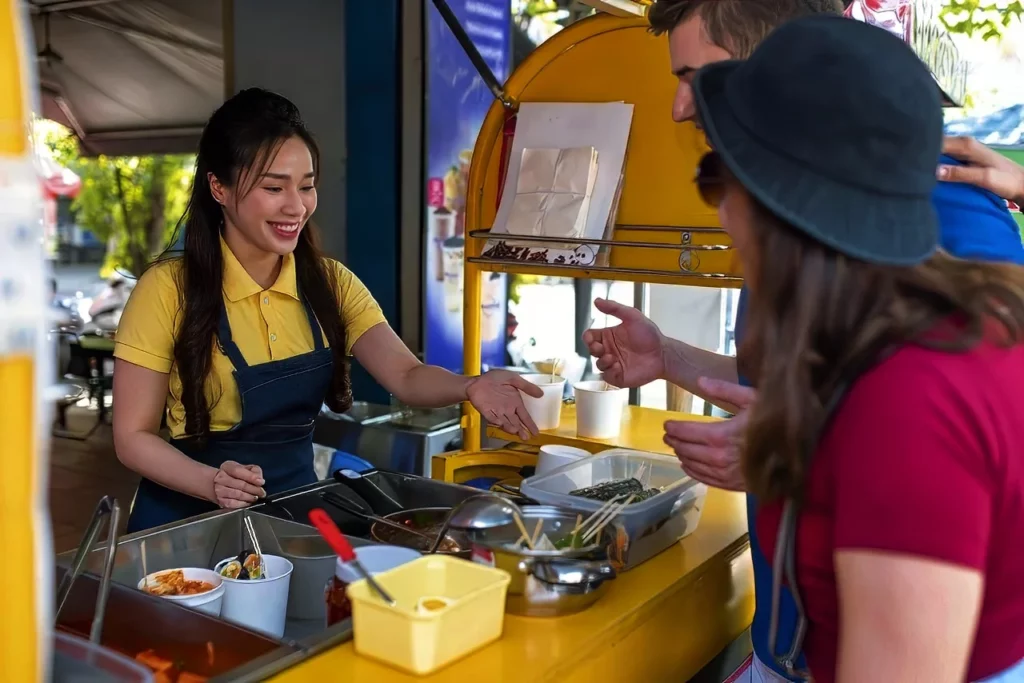 A Filipina vendor introducing street food to foreign tourists in Manila,  a good place for sampling the best food and drink in the Philippines.