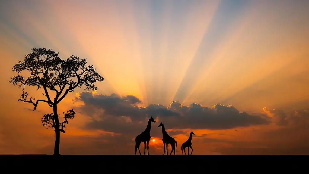 Three giraffes and a tree are silhouetted against the setting sun at the Maasai Mara National Reserve, one of the destinations featured in this Kenya travel guide.
