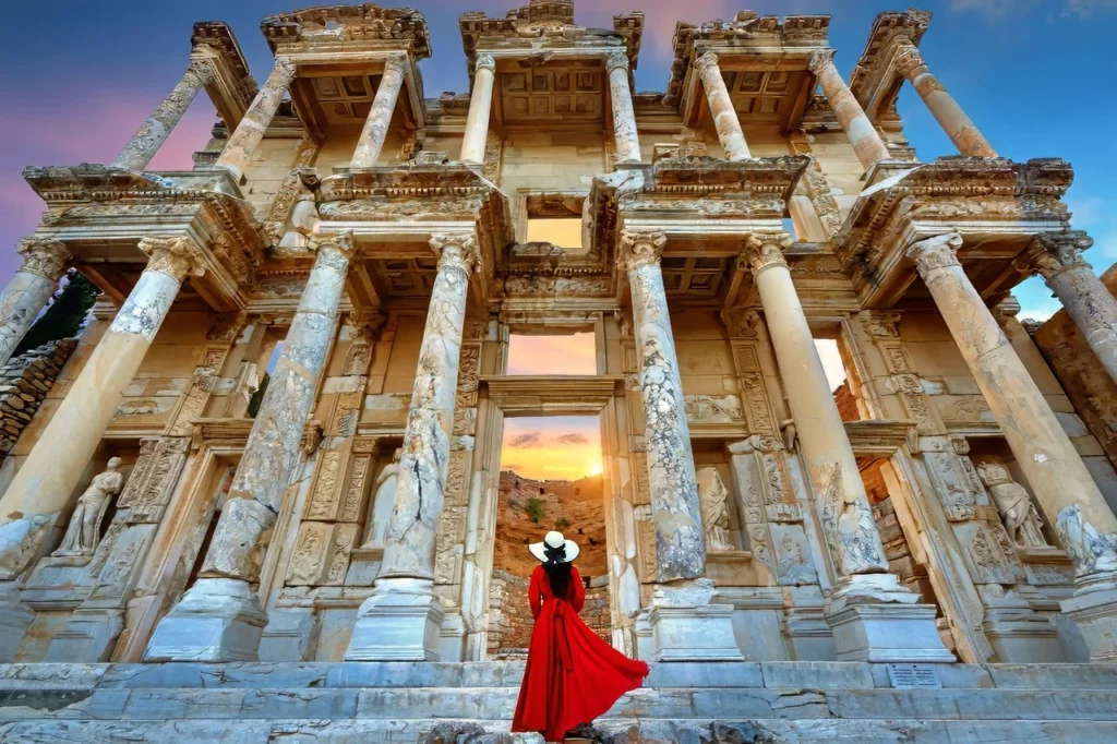 A woman visiting the Celsus Library at Ephesus ancient city in Izmir, one of the best things to do in Turkey.