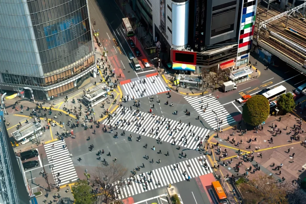 A view of Shibuya Crossing, one of the busiest crosswalks in Tokyo, one of the top places to visit in Japan.