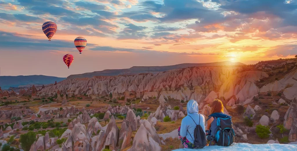 Two travelers watching hot air balloons at the hill of Cappadocia at sunrise, one of the popular specialty tours in Turkey.